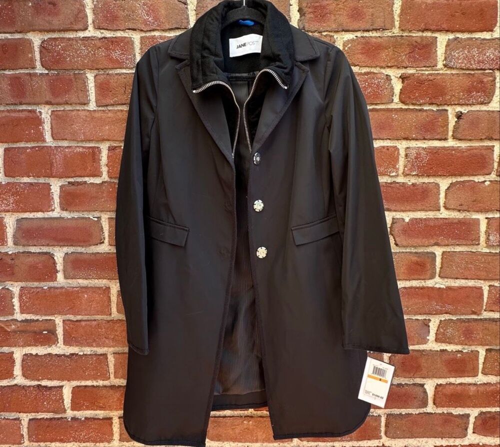 Jane Post $1200 Cashmere Trim Rain Coat Slicker Jacket Black sz womens Small NWT